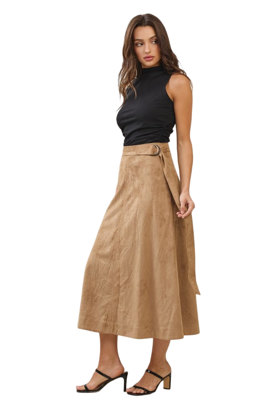 Apparel- Able Belted A Line Vegan Suede Midi Skirt