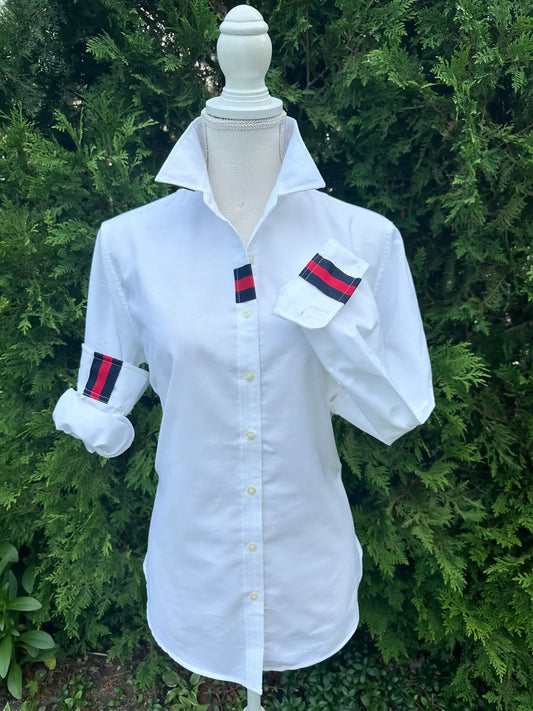 Apparel- Pearly Vines Casie 2-  White Oxford with Navy and Red Stripe Ribbon