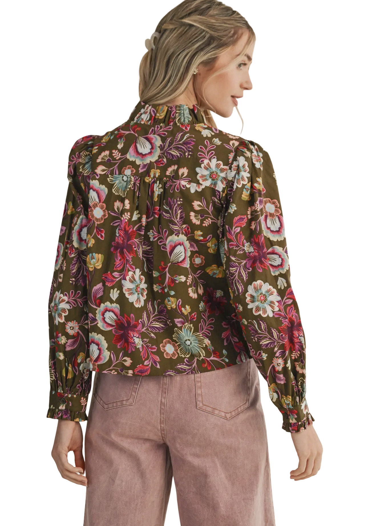 Apparel- En Merci Floral Print Ruffled Button Down Top