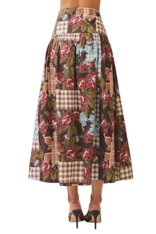TCEC Floral Plaid Patchwork Maxi Skirt