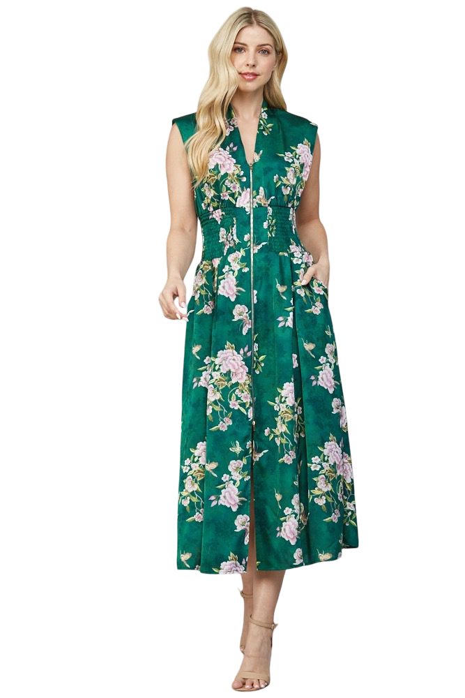 Apparel-Fate Floral Jacquard Front Zip Midi Dress
