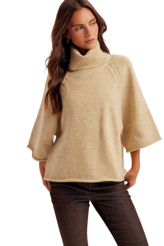 Hem and Thread Mini Cable Detail Turtleneck Sweater Top