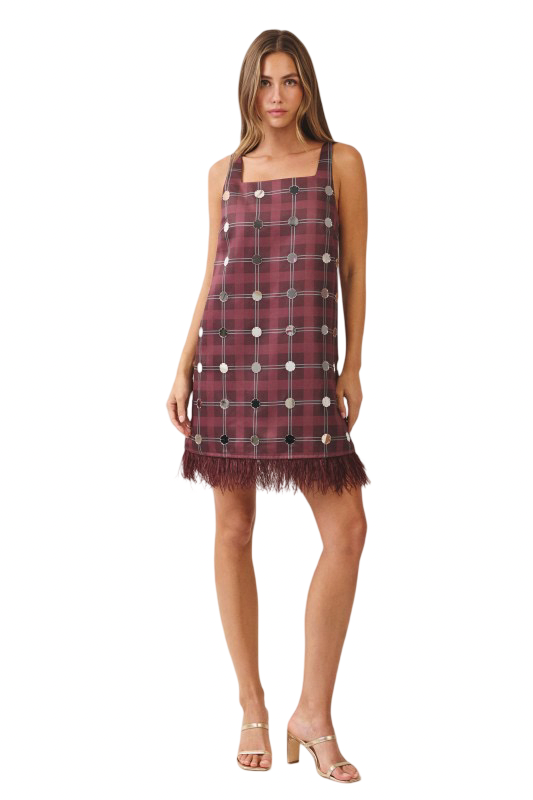 TCEC Plaid Mirror Disc Feather Trim Mini Dress