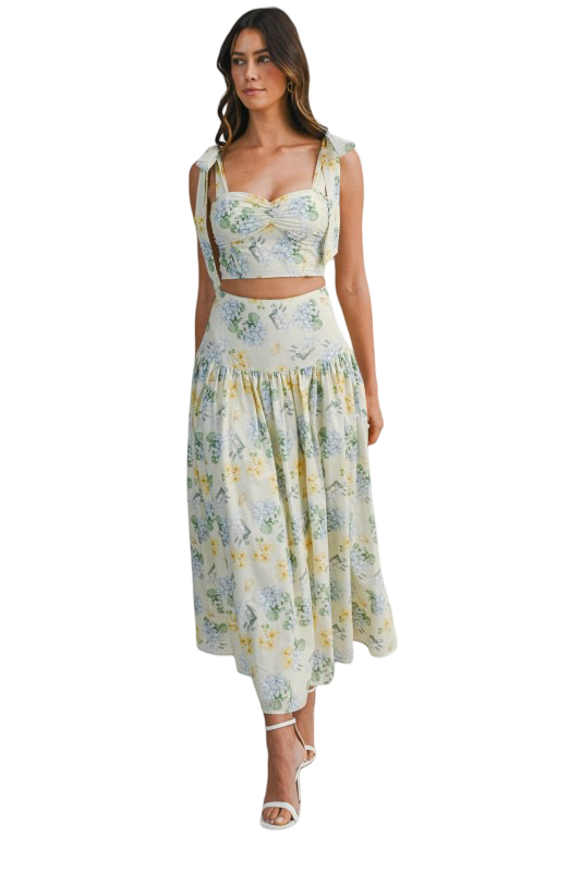 Mable Floral Print Ruched Bust Top and Midi Skirt Set