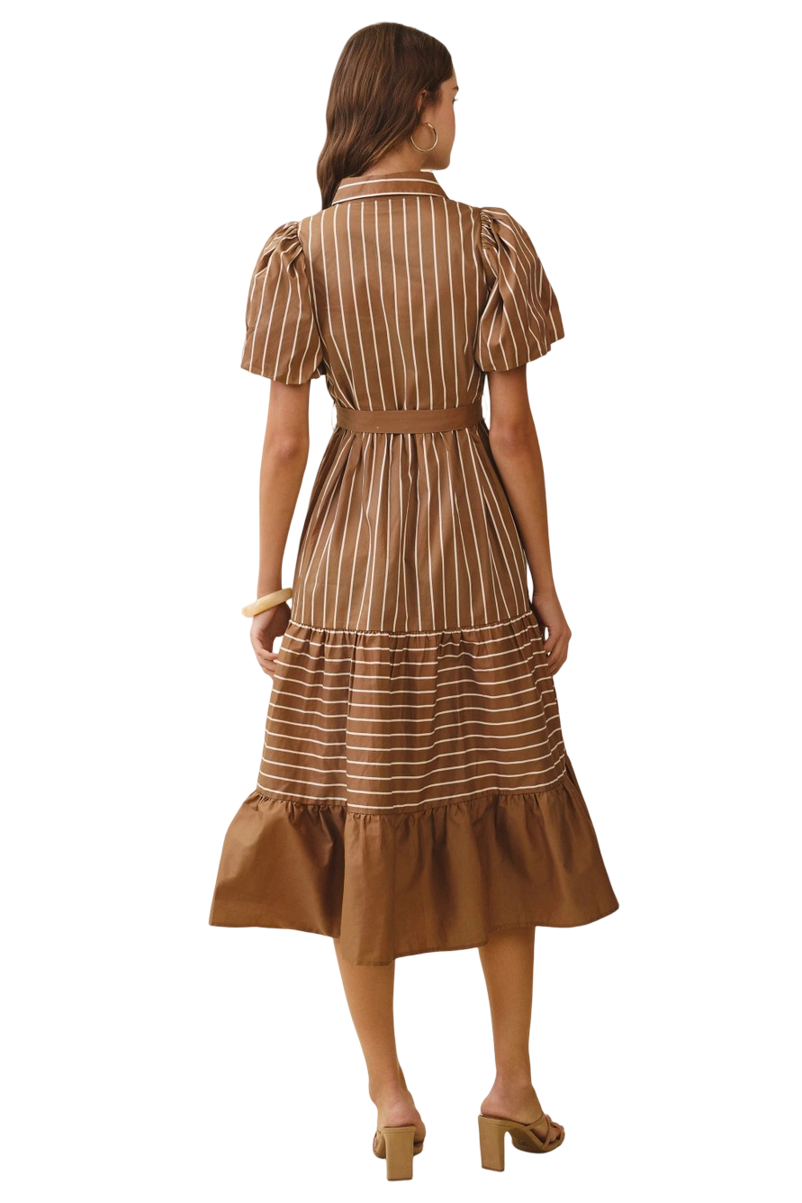 Apparel- TCEC  Collard Striped Belt Waist Midi Dress