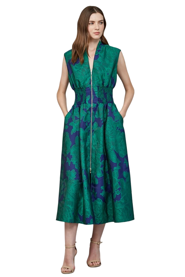 Apparel-Fate Floral Jacquard Front Zip Midi Dress