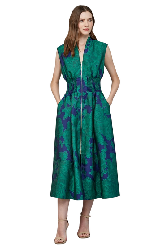 Apparel-Fate Floral Jacquard Front Zip Midi Dress