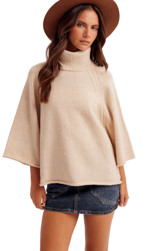 Hem and Thread Mini Cable Detail Turtleneck Sweater Top