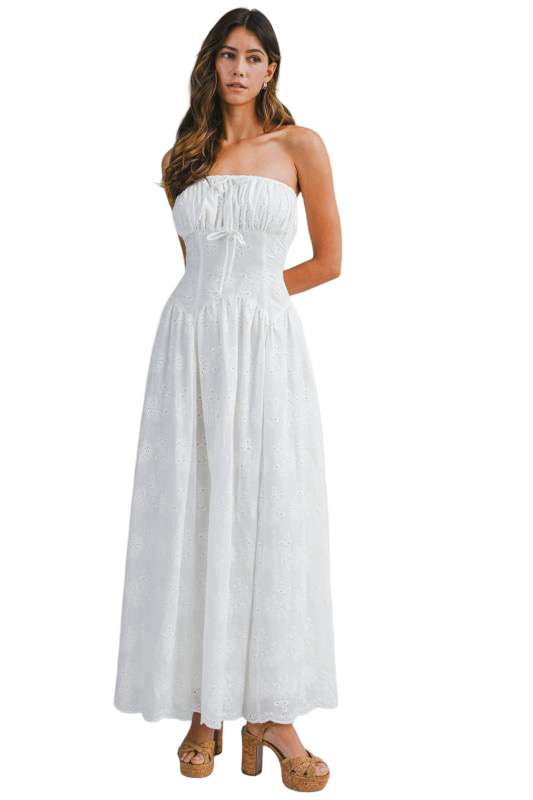 Apparel- Mable Eyelet Strapless Bow Front Maxi Dress