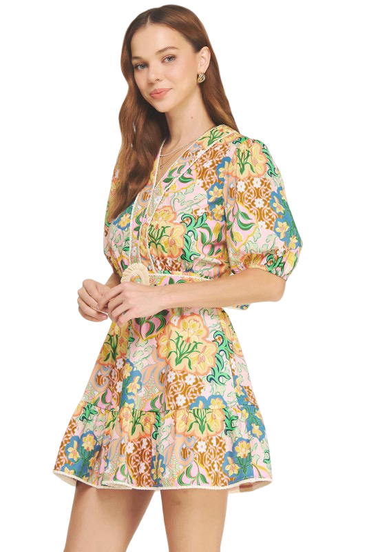 Apparel- Strut and Bolt Floral Puffed Sleeve Belted Mini Dress