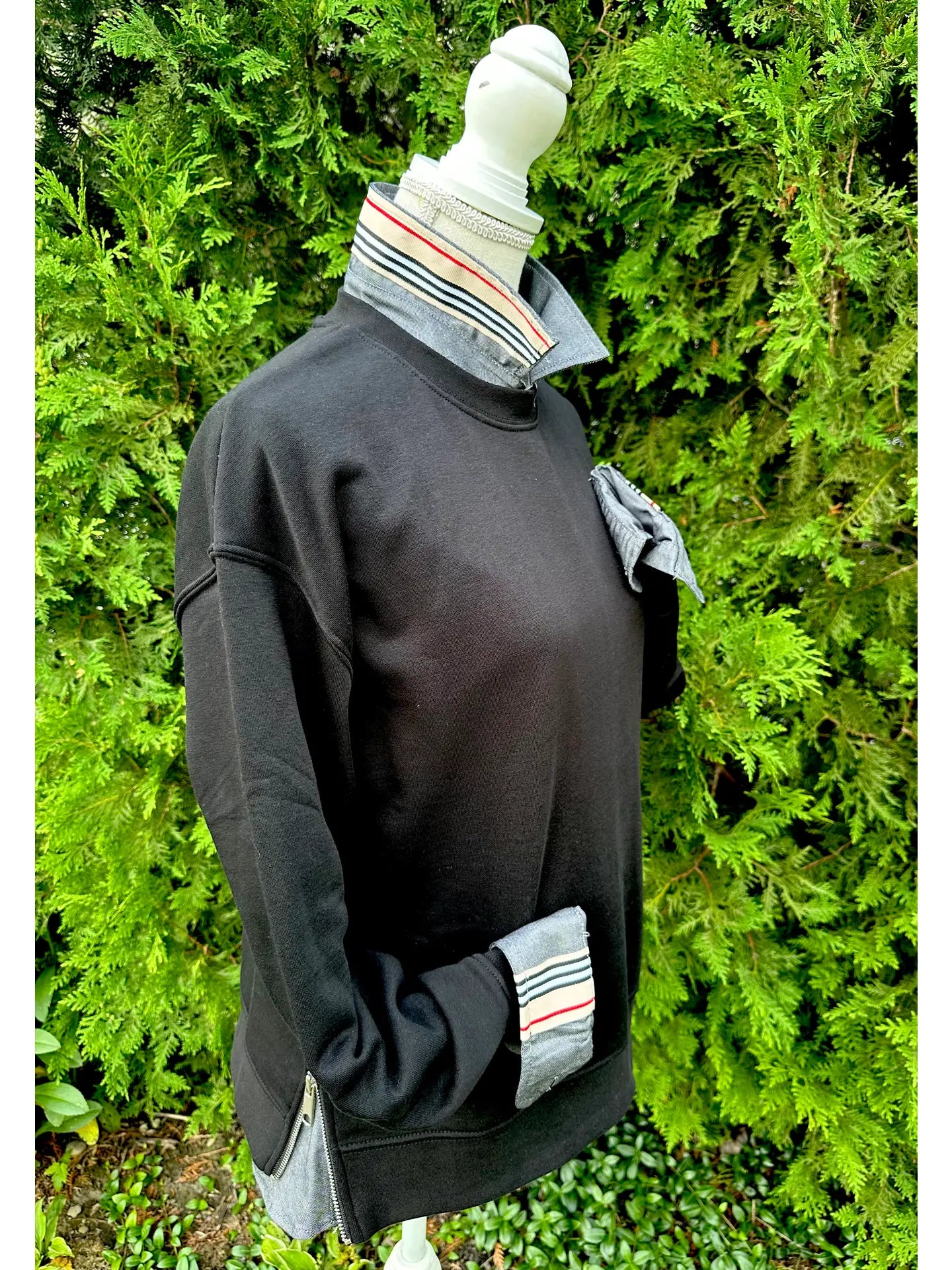 Apparel- Pearly Vines Casie 2-  Black Oxford with Red/Black,Beige & White Stripe Ribbon