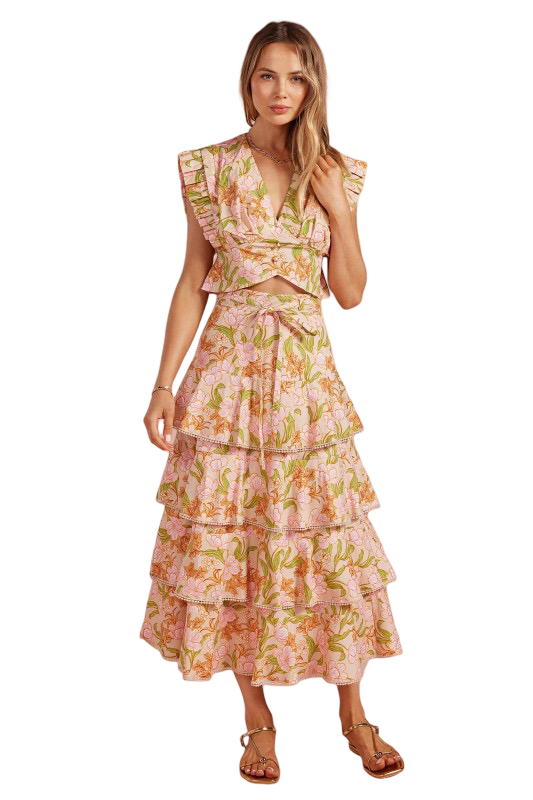 Strut and Bolt Floral Print Pleated Tiered Skirt Set