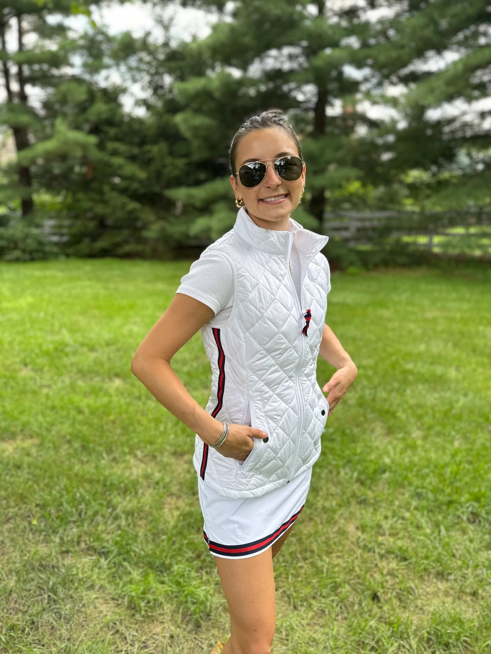 Apparel- Pearly Vine Maggie May- White Quilted Puffer Vest w Navy & Red Stripe Ribbon Trim