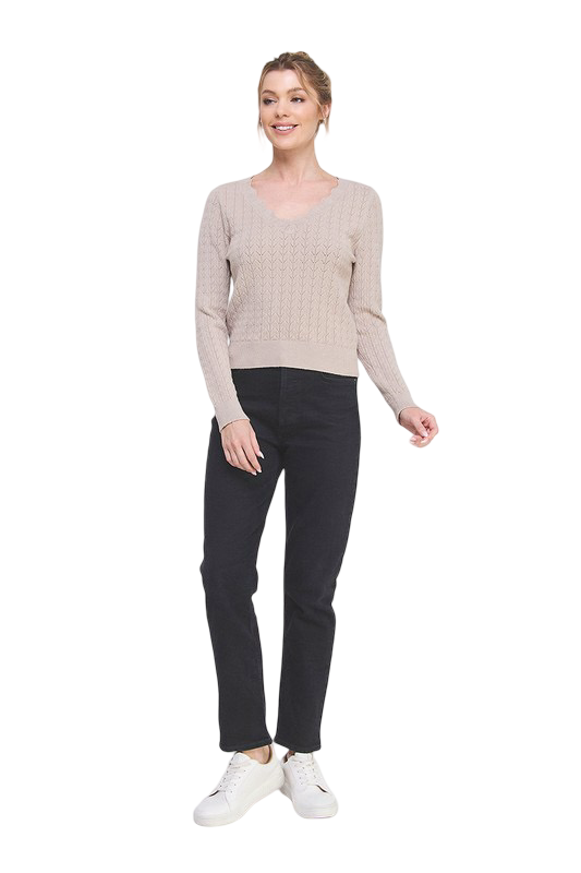 Apparel-Allie Rose Pointelle Pullover V Scalloped Neck Top