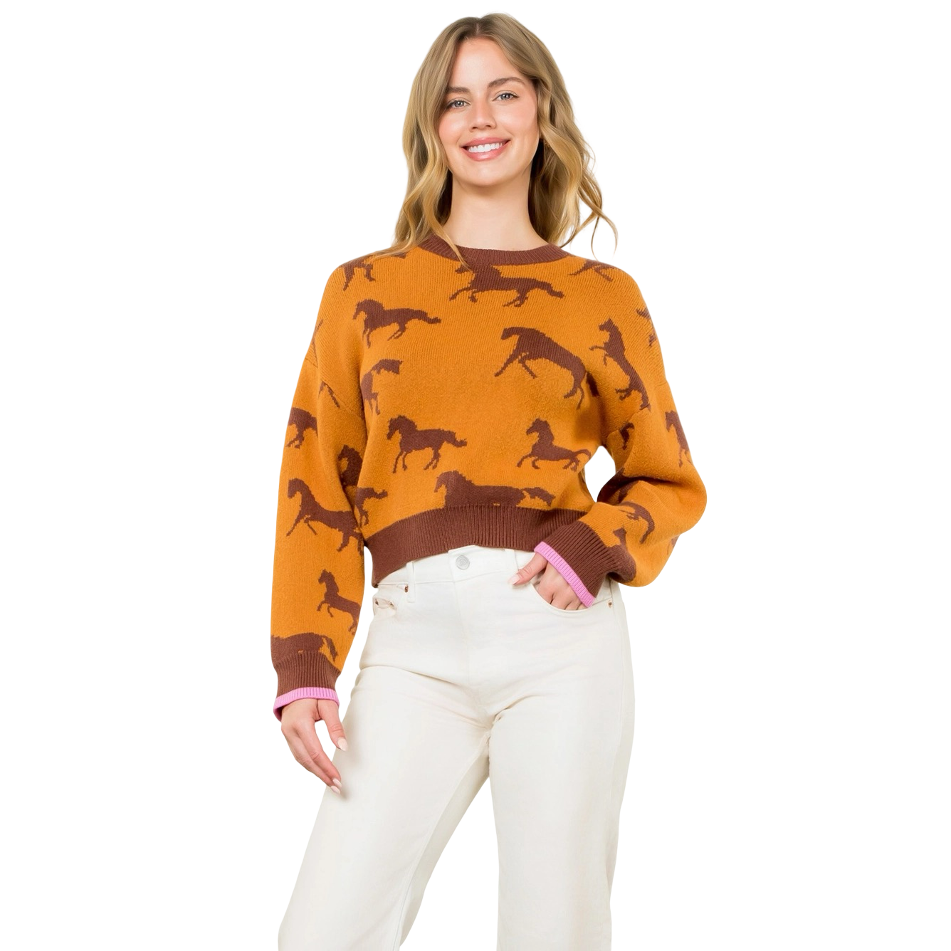 Apparel- THML Horse Print Crew Knit Sweater Top