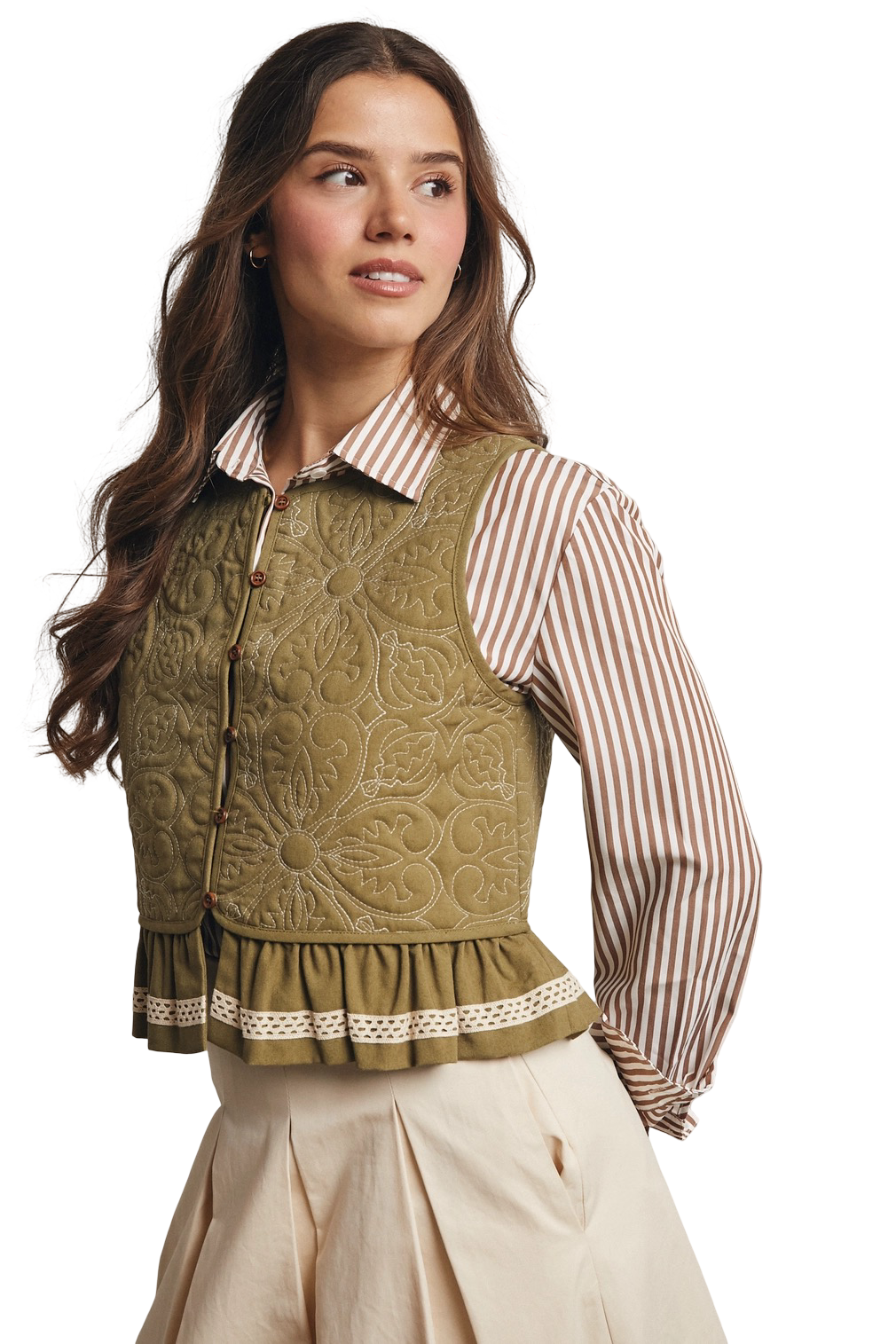 Apparel- Forte Lace Trimmed Quilted Peplum Vest Top