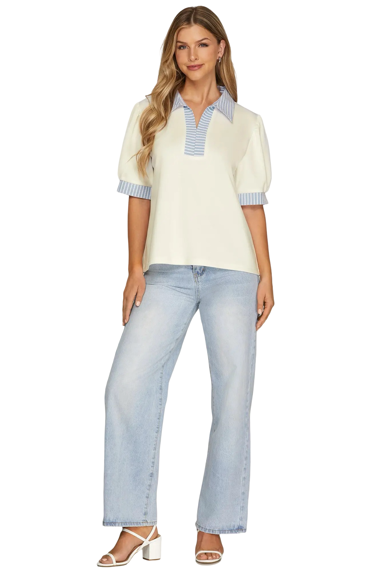 She+Sky Stripe Detail Short Sleeve Blouse Top