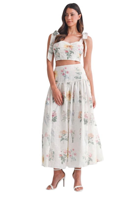 Mable Floral Eyelet Top and Midi Skirt Set
