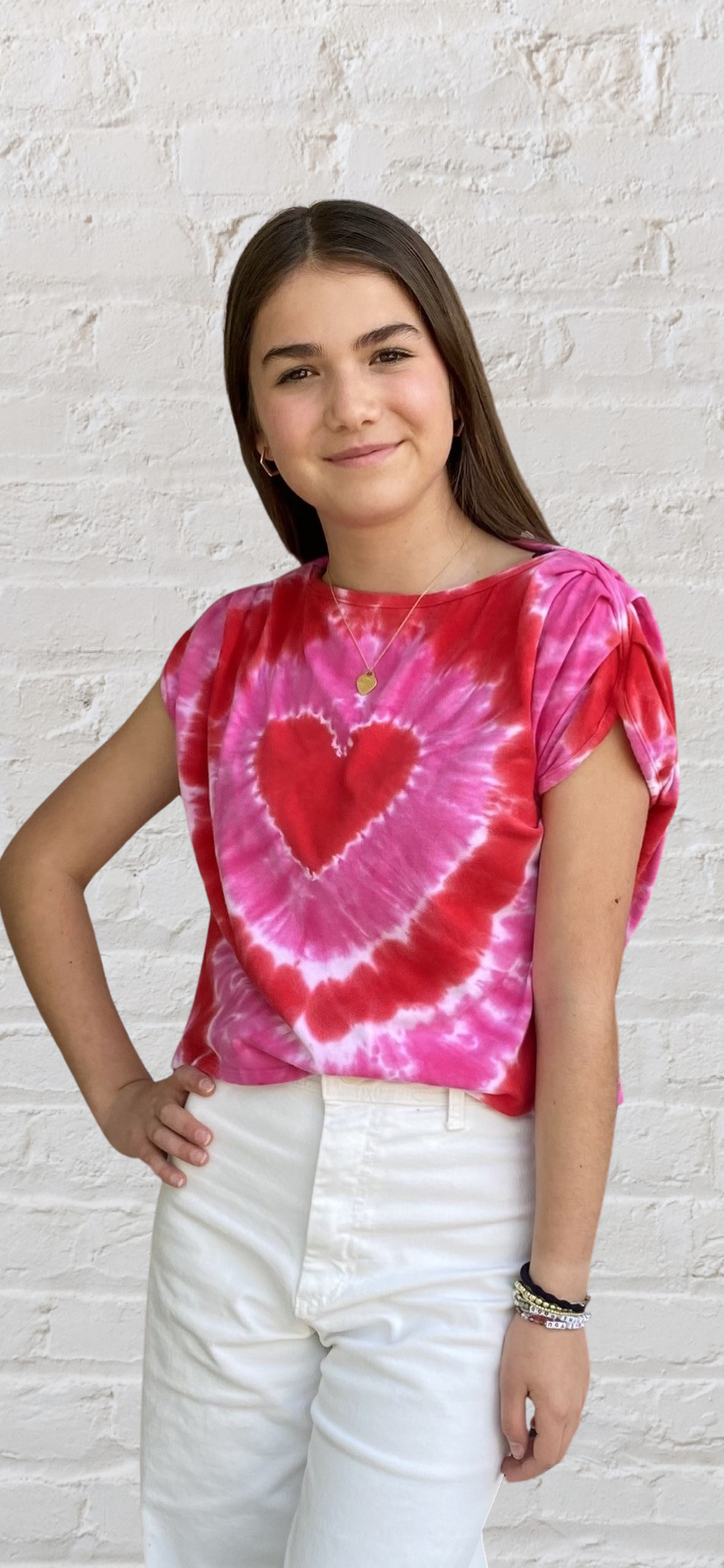 Girls- Erge Ruched Sleeve Tie Dye Heart Top