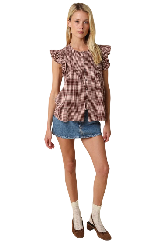 Olivaceous Clara Gingham Ruffle Sleeve Top