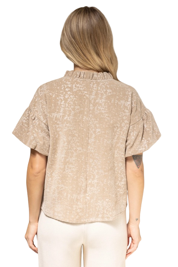 Apparel- VOY Ruffled V Neck Mixed Media Knit Top