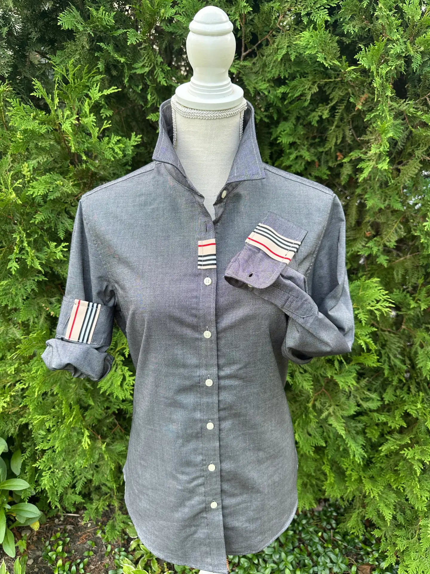 Apparel- Pearly Vines Casie 2-  Black Oxford with Red/Black,Beige & White Stripe Ribbon