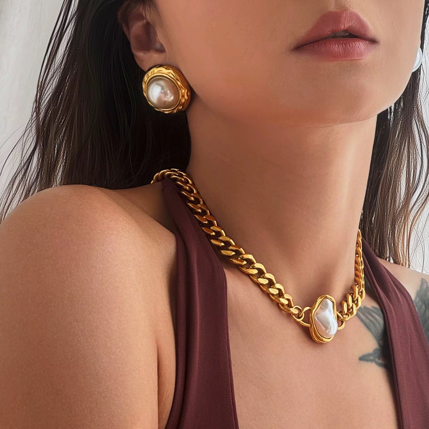 Necklaces- M&E Bling Vintage Cuban Chain Pearl Statement Necklace