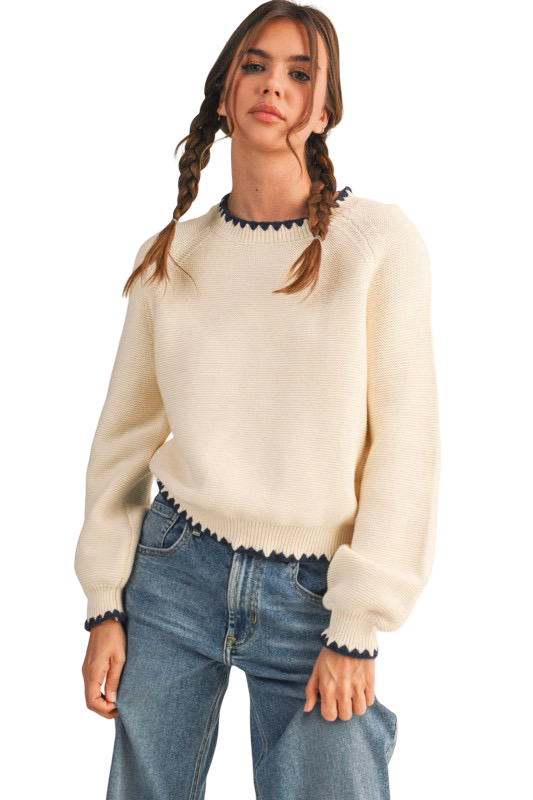 Apparel- En Merci Contrast Stitch Long Sleeve Sweater Top