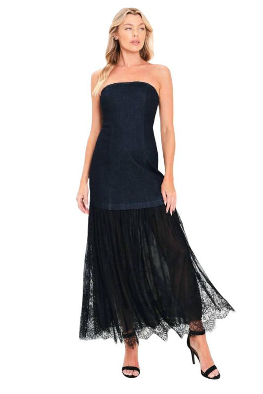 Flying Tomato Strapless Denim and Lace Maxi Dress