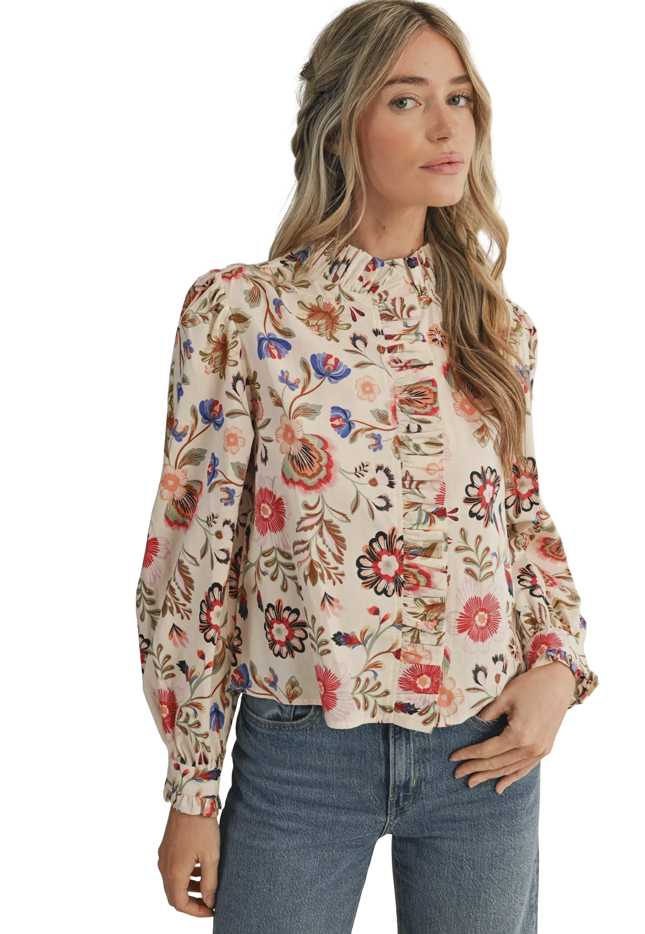 Apparel- En Merci Floral Print Ruffled Button Down Top