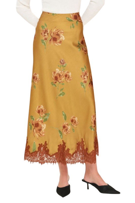Flying Tomato Pattern Satin and Lace Circle Midi Skirt