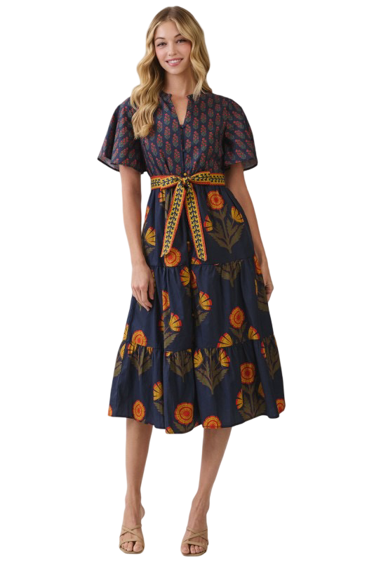 TCEC Floral Print Waist Tie Midi Dress
