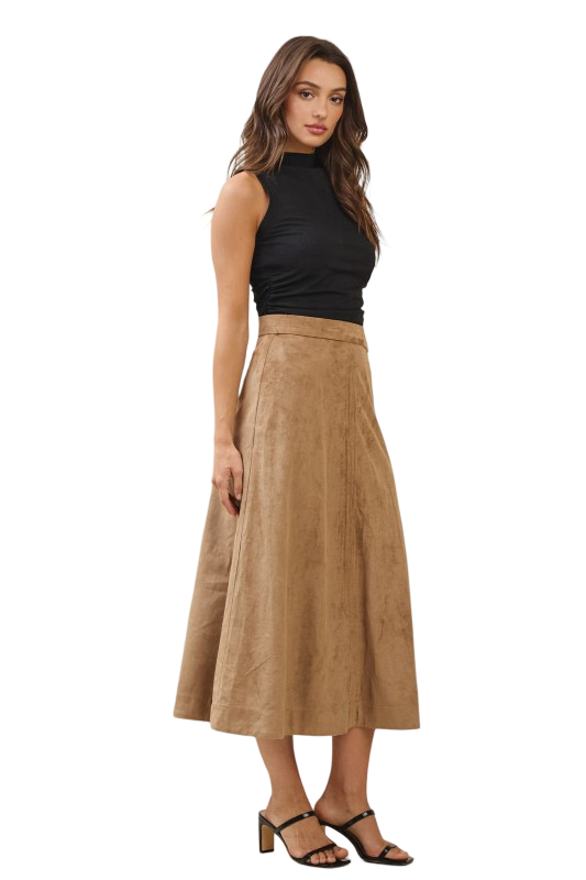 Apparel- Able Belted A Line Vegan Suede Midi Skirt