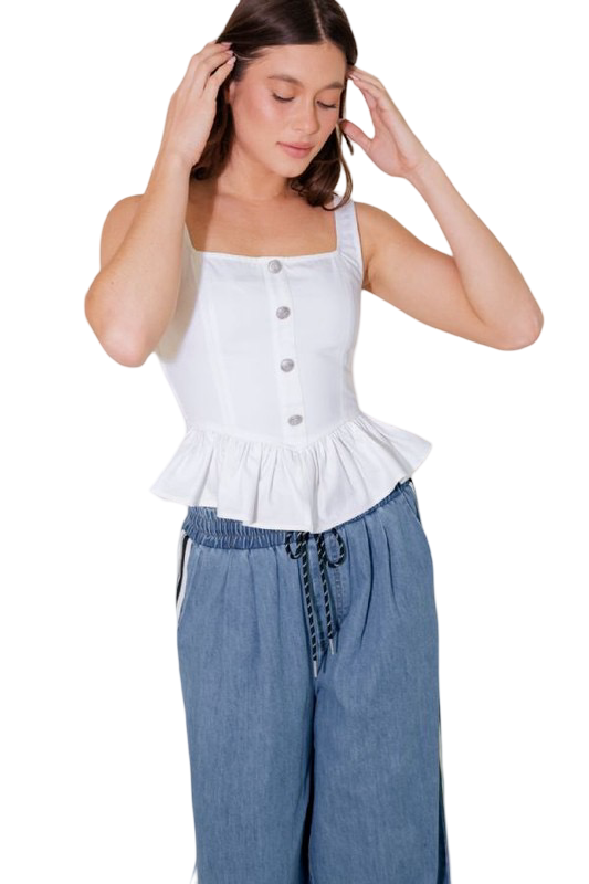 Flying Tomato Button Front Ruffled Woven Top