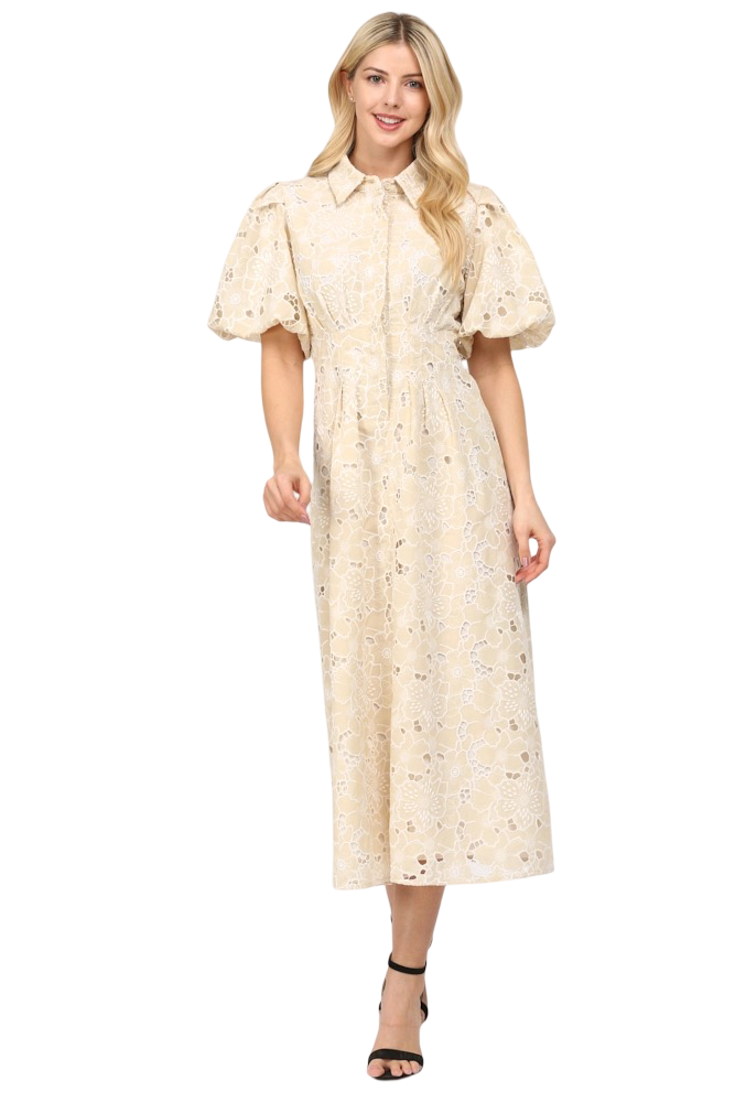 Apparel-Fate Pleated Waist Half Button Eyelet Midi Dress