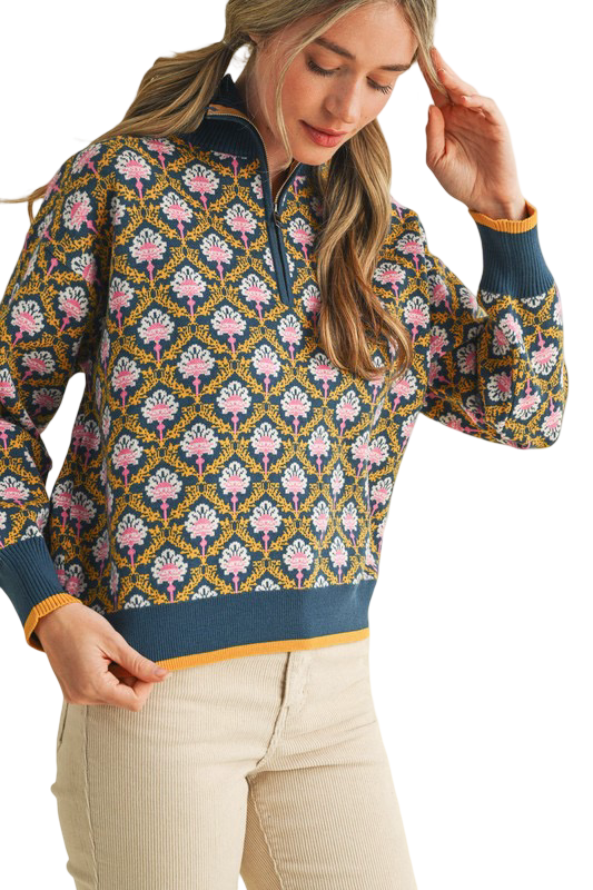 Apparel- En Merci Floral Half Zip Mock Neck Pullover Sweater