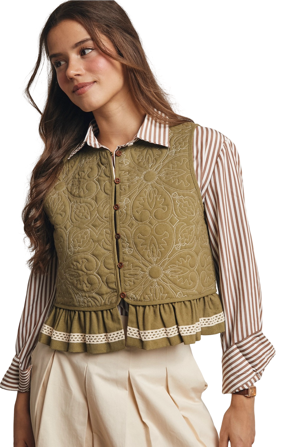 Apparel- Forte Lace Trimmed Quilted Peplum Vest Top