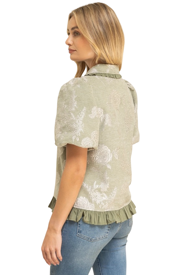 Apparel- VOY Floral Jacquard Top with Ruffled Collar