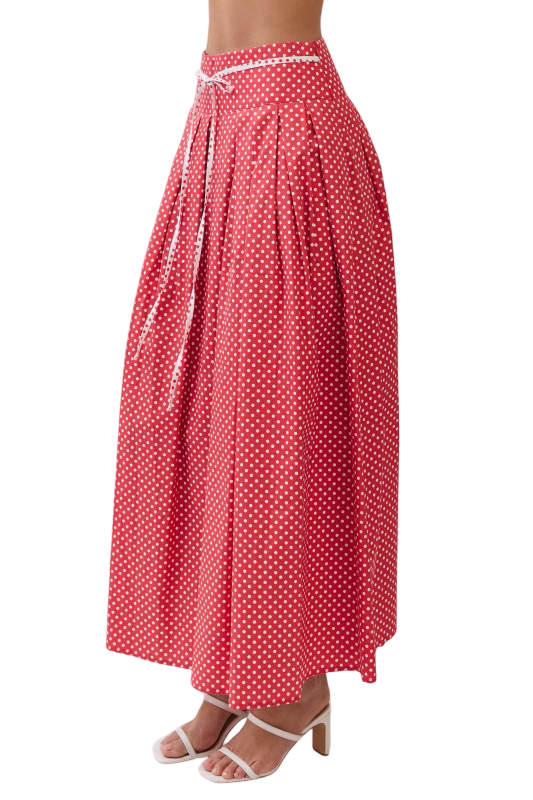 TCEC Pleated Polka Dot Rope Tie Maxi Skirt