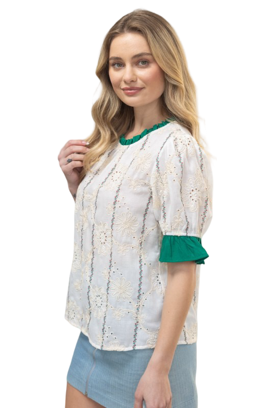 VOY Eyelet Contrast Band and Sleeve Blouse Top