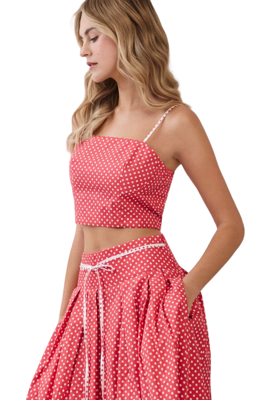 TCEC Pleated Polka Square Neck Crop Top