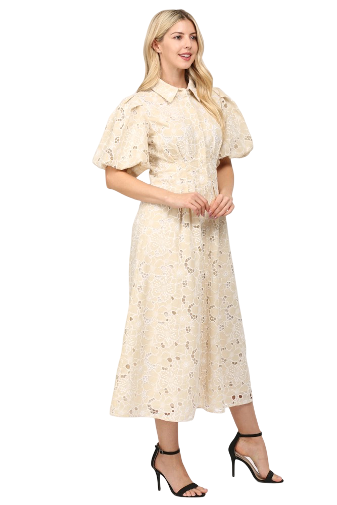 Apparel-Fate Pleated Waist Half Button Eyelet Midi Dress