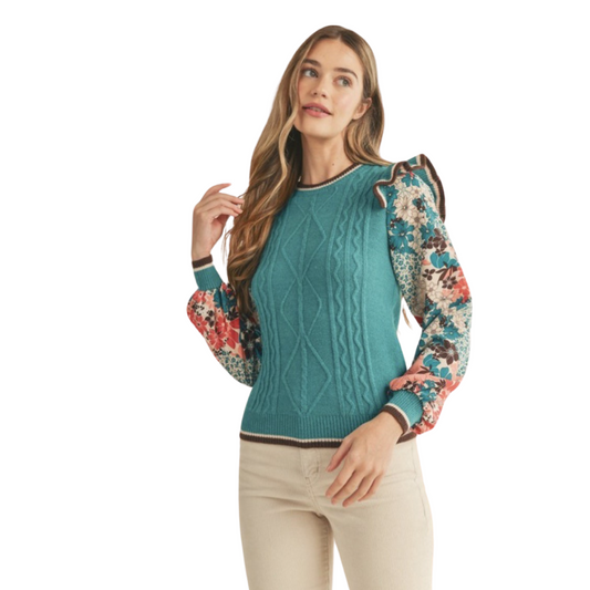Apparel- En Merci Knit Sweater With Woven Floral Sleeves