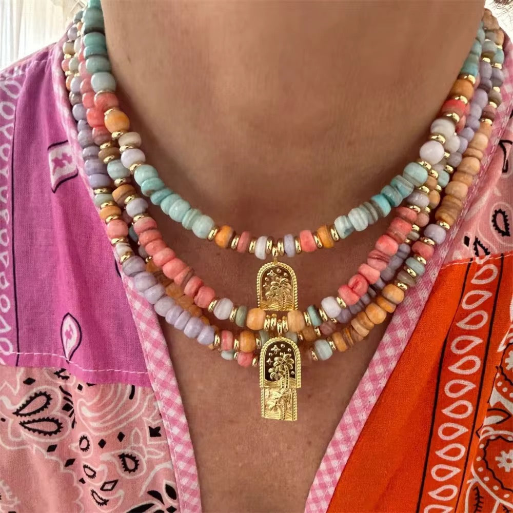 Necklaces- Boho Natural Stone Necklace with Palm Tree Pendant