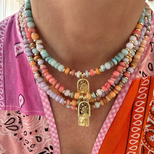 Necklaces- Boho Natural Stone Necklace with Palm Tree Pendant
