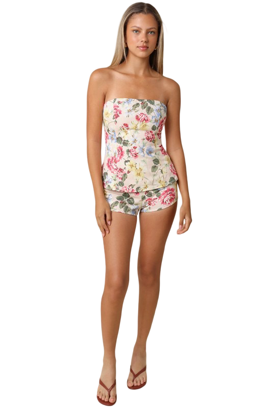 Olivaceous Althea Strapless Floral Peplum Tube Top