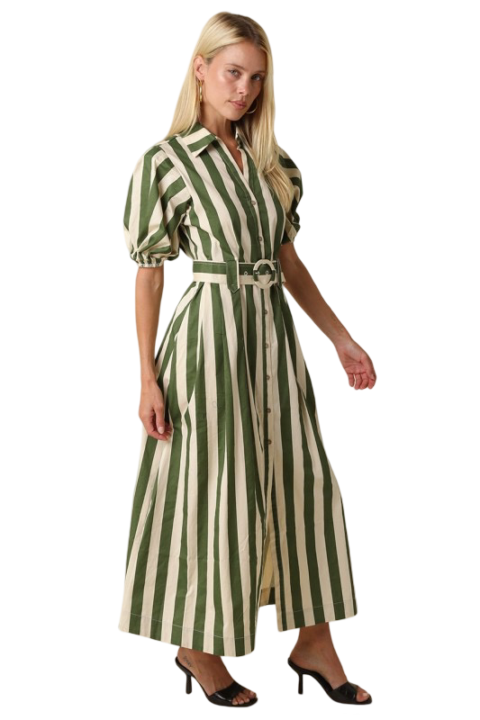 Olivaceous Cora Striped Belted Midi Dress
