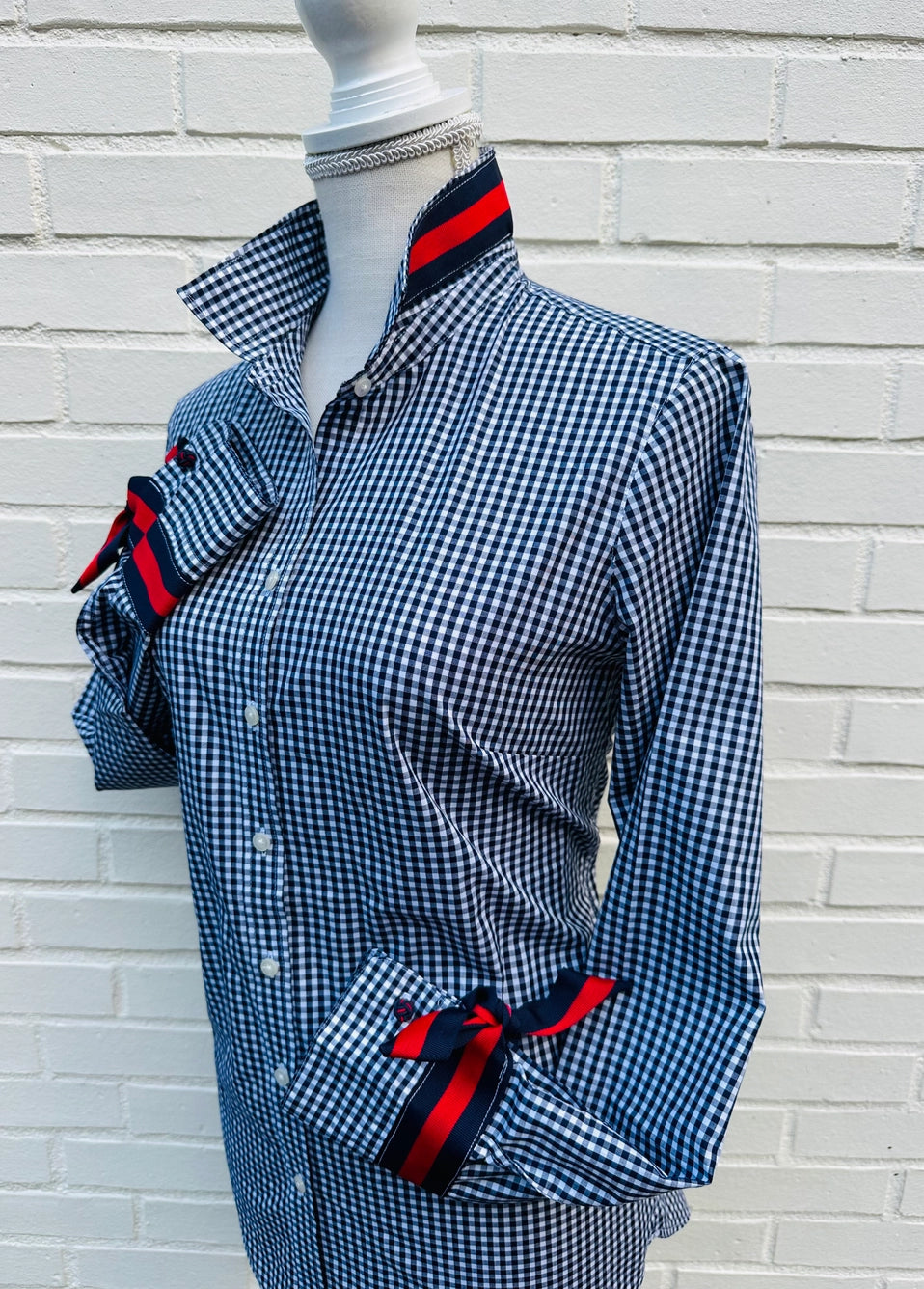 Apparel- Pearly Vines Audrey Ribbon FC Navy Gingham w/Navy and Red Ribbon