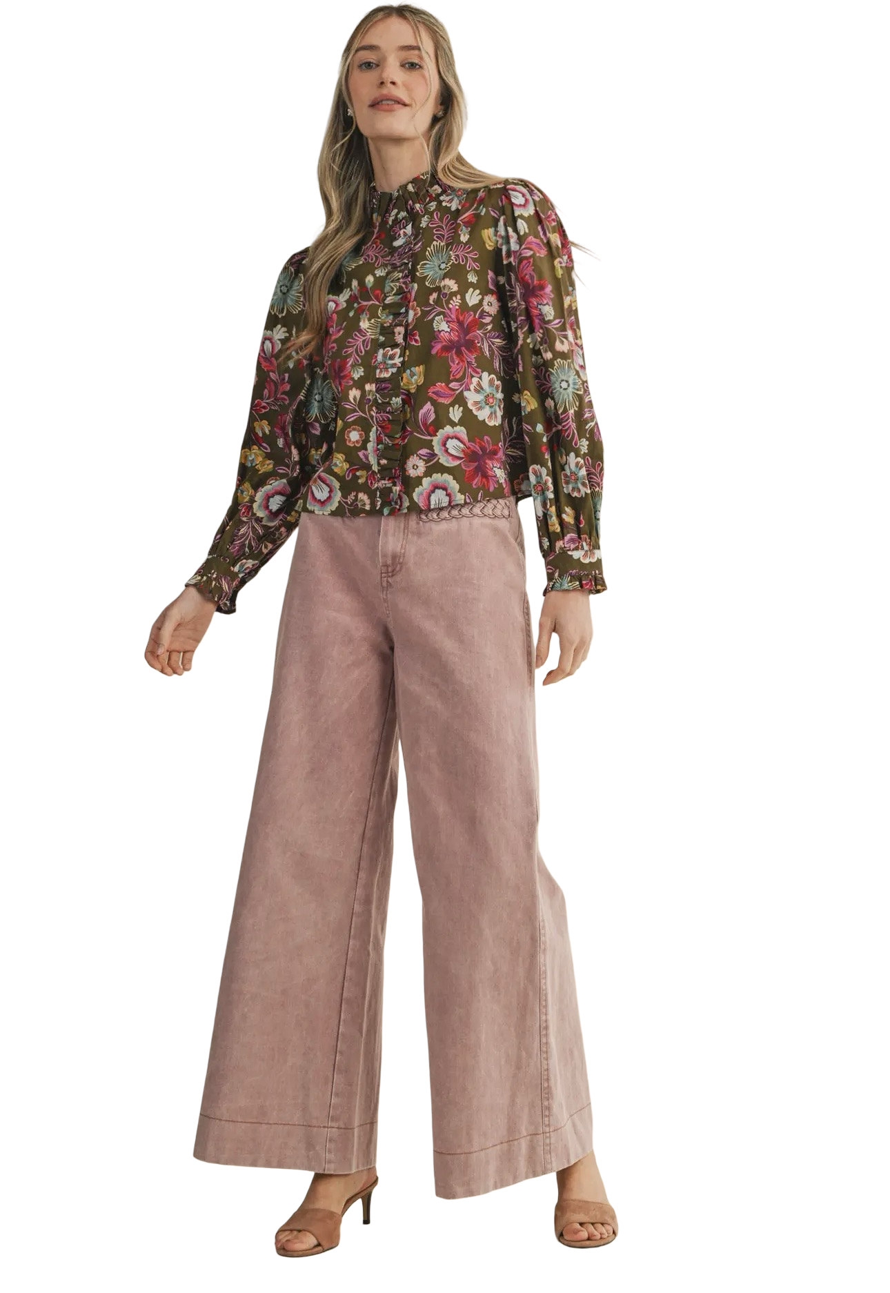 Apparel- En Merci Floral Print Ruffled Button Down Top