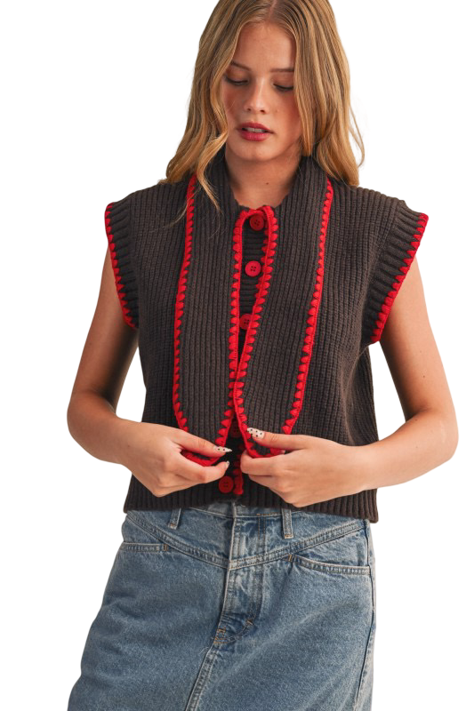 Apparel- En Merci Tie Neck Blanket Stitch Sweater Vest Top